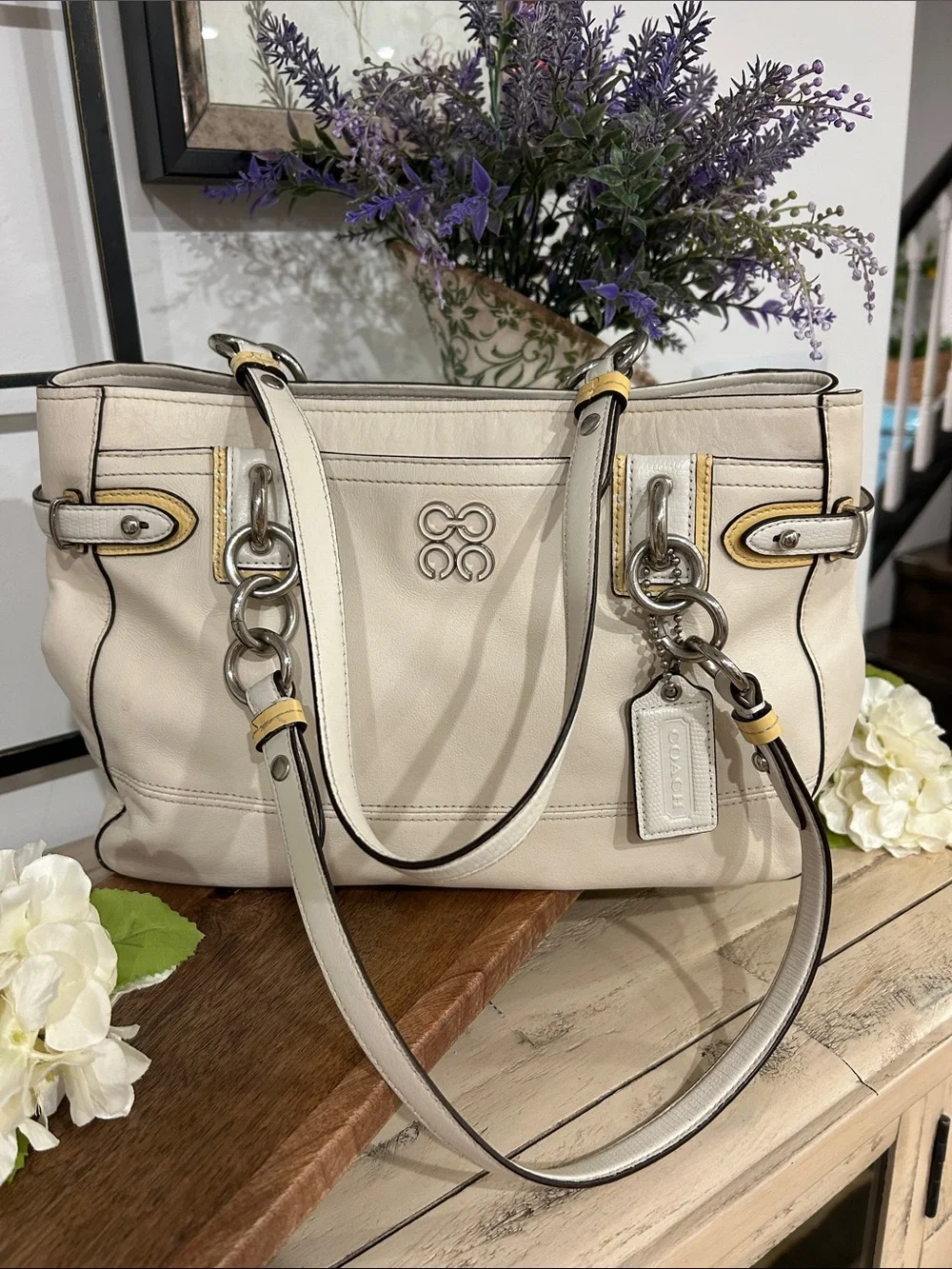 Coach Cream Leather Shoulder Tote with Yellow Accents